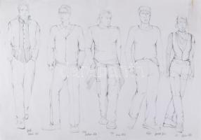 Szűcs Edit (1968): Jelmezterv (Fesztbaum Béla, Kamarás Iván stb.). Ceruza, spapír. Jelzés nélkül. Lap jobb felső sarkában részben javított szakadással. 37x53 cm