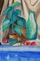 Szűcs Edit (1968): Asztali csendélet. Akvarell, papír. Jelzett. Paszpartuban. 42x26,5 cm