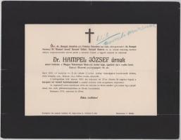 1913 Bp., Hampel József (1849-1913) udvari tanácsos, régész, múzeumigazgató, az MTA tagja halotti értesítője, kisebb lapszéli sérülésekkel, 24x31 cm