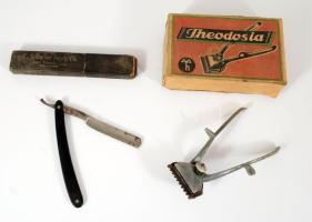 Antik jelzett német borotva + Theodosia fém hajvágó, eredeti dobozában.