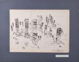 Legány Zoltán (1911-1993): Kopjafás temető, Szin, 1973. Tus, papír, jelzett, kartonra kasírozva. Feltehetően kiállítva: Magyar Építőművészek Szövetsége, egyéni gyűjteményes kiállítás, 1989. 24×33 cm