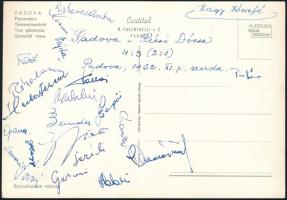 A Pécsi Dózsa SC Calcio Padova elleni mérkőzése után ( 4 : 3) amagyar labdarúgók által aláírt képeslap. Zengői István, Bendes Tibor, Hegyi Sándor, Vajda Lajos, Kocsis Ernő, Halasi Tibor, Györkő Antal, Garami József, Vári György, Dunai János, Török Bálint