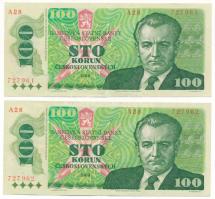Csehszlovákia 1989. 100K (2x) sorszámkövetők T:F szép papír Czechoslovakia 1989. 100 Korun (2x) consecutive serials C:F fine paper