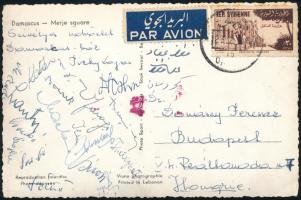 1956. február 25-26-én Damaszkuszban Magyarország (Budapest válogatott néven) ? Szíriai Hadsereg Válogatott 4:0, 6:0 mérkőzésekről hazaküldött képeslap a magyar labdarúgó csapat tagjai által aláírva, hazaküldve, az Aranycsapat tagjai által is. Bozsik, Hidegkúti, Tóth II. Lantos, Tichy, Szojka, Buzánszky Postcard sent home from the matches Hungary (under the name Budapest National Team) ? Syrian Army National Team 4:0, 6:0 in Damascus on February 25-26, 1956, signed by the members of the Hungarian football team, sent home, and also by the members of the Golden Team. Bozsik, Hidegkúti, Tóth II. Lantos, Tichy, Szojka, Buzánszky