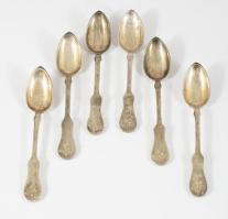 6 db ezüst mokkás kanál. Jelzett: Pest, 1872-1937 közötti fémjel, 800 ezrelékes ezüst, mesterjegyes, nettó 73g, 11 cm