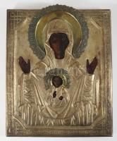 Ikon - Mária a kisdeddel. Orosz, cca 19. sz. vége, ezüstözött réz okláddal, 31x25 cm