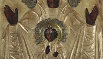 Ikon - Mária a kisdeddel. Orosz, cca 19. sz. vége, ezüstözött réz okláddal, 31x25 cm