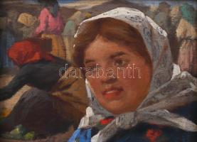 Pállya Celesztin (1864-1948): Menyecske portréja. Olaj, falemez, jelezve jobbra lent (keret által kissé takarva). Dekoratív fakeretben, 12,5x16 cm