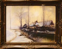 Meilinger Dezső (1892-1960): Téli táj, 1929. Pasztell, papír, jelzett. Dekoratív, üvegezett, kissé kopott fakeretben, 61×81 cm