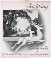 cca 1939-1944 Radvány Kastélyszálló. Felvidéki kihajtható utazási prospektus. Bp., Pallas-ny., fekete-fehér fotókkal.