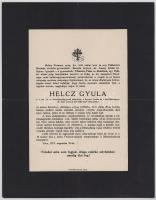1915 Vác, Helcz Gyula (?-1915), a m. kir. 14. honvéd gyalogezred századosa, a Signum Laudis és a III. oszt. Katonai Érdemkereszt tulajdonosa halotti értesítője (ezrede tábori lelkészeként szolgált, Debina község mellett srapnel szilánk általi fejsérülés következtében halt hősi halált), 29,5x23 cm