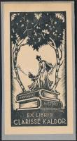 Várkonyi Károly (1910-2001): Ex libris Clarisse Kaldor, 1930-as évek. Fametszet, papír, jelzett a metszeten, hátoldalán Jakab M. H. Könyvnyomdai Műintézet korabeli bélyegzésével, 12x6 cm.
