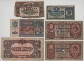 Vegyes pengő és korona tétel (6db), benne: 1915. 10K + 1920. 1K + 10K + 1932. 50P + 1944. 100P T:F-VG,G Adamo K11Be, K4, K14, P14, P47