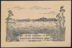 1934 Várkonyi Károly (1910-2001): Ex libris Instituti Botanici Univ. Debrecen. Klisé, papír, jelzett a nyomaton, 5x8 cm.