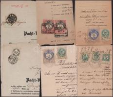 Vegyes okmánybélyeges iratok, közte 20 kr, 15 kr, 1 kr, 2 db 1 ft, 2+1 db 50 kr, +2 db 15 kr, az okmányok között, sérült, hiányos.
