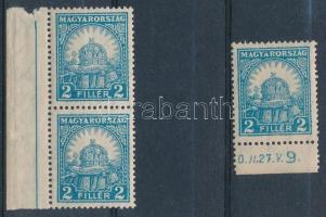 1926 Pengő-fillér (I.) 2f + 2f ívszéli pár 14 : 14 1/4 fogazással (20.000) (a szóló bélyeg falcos / one stamp is hinged)