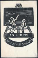 Várkonyi Károly (1910-2001): Ex libris Miklósvári Sándor, 1956. Fametszet, papír, jelzett a metszeten, 9x6,5 cm.