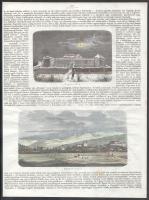 cca 1861 Ungvár vára és városa (látkép), 2 db színezett rotációs fametszet egy lapon, papír, jelzés nélkül. Vasárnapi Újságból kiemelt, 9x14 és 10x19,5 cm