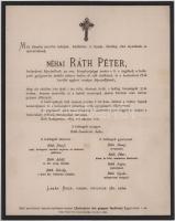 1873 Bp., Ráth Péter (1812-1873) gyógyszerész, az Országos Közegészségügyi Tanács tagja, a Budapesti Gyógyszerész Testület elnöke, országgyűlési képviselő halotti értesítője, 26,5x21 cm