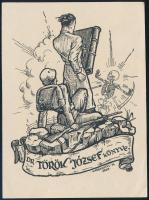 Várkonyi Károly (1910-2001): Dr. Török József könyve (katonát is ábrázoló militária ex libris), 1935. Klisé, papír, jelzett a klisén. 9x7 cm.