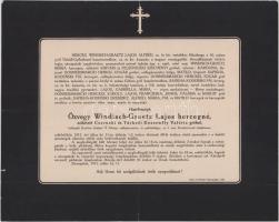 1912 Sárospatak, özv. Windisch-Graetz (Windischgrätz) Lajosné, szül. cserneki és tarkeői gróf Dessewffy Valéria (1843-1912) cs. és kir. palotahölgy, csillagkeresztes hölgy halotti értesítője, kis lapszéli sérülésekkel, 23x29 cm