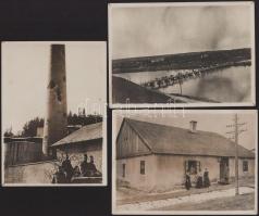 1916 I. világháború idején Erdélyben, magyar katonák, szétlőtt gyárépület, híd, 3 db fotó, 13×18 cm