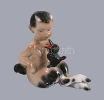 Antik faun madárral figura. Jelzés nélkül, kis felületi kopással, 7x6,5 cm