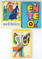 3 db mesekönyv: Nefelejcs. Szép magyar versek kisiskolásoknak.; Grätzer József: Sicc. Szórakoztató időtöltések, cseles csalafintaságok.; Varga Katalin: Én, te, ő. Kalandok a szófajok birodalmában. Bp., 1982-1987, Móra. Kiadói félvászon-kötés / kartonált papírkötés, változó állapotban.