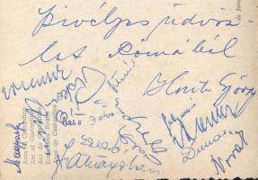ca 1970 A Ferencváros FTC labdarúgó csapatának tagjai által aláírt képeslap Svédországból: Novák, Solymosi, Dunai, Rákosi, Faragó, stb / Autograph of the FTC Hungarian football team