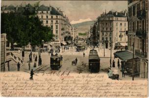 1904 Genf, Geneva, Geneve; Rue du Mont Blanc / street view, tram, Hotel Suisse Schweizerhof, cafe (EK)
