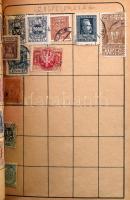 Sok száz régi, főleg külföldi bélyeg kopott Tolnai bélyegalbumban + iskolai füzetben