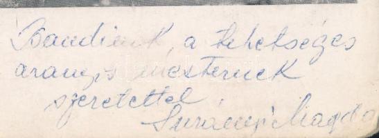Surányi Magda (1921-?) színésznő autográf sorai és aláírása képén
