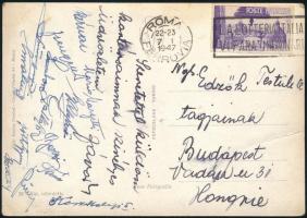 1947 A magyar labdarúgó válogattott tagjainak aláírása a Olaszország 3?2 Magyarországbarátságos mérkőzésről Rómából Zsengellér, Keszhelyi, Laborc, Galkó, Tóth stb, valamint Mario Manzetti olasz játékos aláírása    1947 Signatures of the members of the Hungarian national football team from the friendly match Italy 3?2 Hungary in Rome Zsengellér, Keszhelyi, Laborc, Galkó, Tóth etc., as well as the signature of the Italian player Mario Manzetti