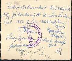 Magyar színészek színésznő aláírásai Ausztriából hazaküldött lapon: Péchy Blanka, Mihályfi Ernő, Miczi, Galambos, Dagilla, stb