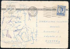 1966 A magyar labdarúgó válogatott által aláírt lap a világbajnokságról, rajta Mátrai Sándor, Sipos Ferenc, Ihász Kálmán, Farkas János, Bene Ferenc, Puskás Lajos, Albert Flórián, Bakos Sándor, Mathesz Imre, Mészöly Kálmán, Rákosi Gyula, és Ilovszky Rudolf szövetségi kapitány.          1966 Postcard signed by the Hungarian national football team from the World Cup