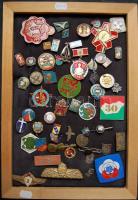 Több mint 50db klf katonai és szocialista jelvény, kitüntetéstartó tálcába tűzdelve T:vegyes