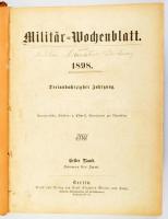 1898 Militär-Wochenblatt. 83. Jahrgang. Erster Band. Januar bis Juni. (Német nyelvű katonai folyóirat fél évfolyama, egy kötetben.) Hozzákötve: Militär-Literatur Zeitung. Literarisches Beiblatt zum Militär-Wochenblatt. 79. Jahrgang. Berlin, Ernst Siegfried Mittler und Sohn. Félvászon-kötésben, viseltes borítóval, sérült gerinccel.
