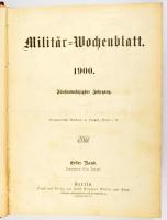 1900 Militär-Wochenblatt. 85. Jahrgang. Erster Band. Januar bis Juni. (Német nyelvű katonai folyóirat fél évfolyama, egy kötetben.) Hozzákötve: Militär-Literatur Zeitung. Literarisches Beiblatt zum Militär-Wochenblatt. 81. Jahrgang. Berlin, Ernst Siegfried Mittler und Sohn. Félvászon-kötésben, viseltes borítóval.