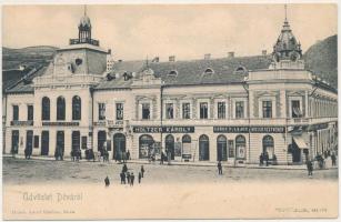 Déva, Fő tér, városháza, Hirsch Testvérek, Szőcs F. Lajos, Holtzer Károly, Rhemann és Lobstein üzlete. Hirsch Adolf kiadása / town hall, main square, shops (tűnyomok / pinmarks)
