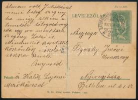 1937 Díjjegyes levelezőlap SÁTORALJAÚJHELY - BUDAPEST vasúti bélyegzéssel