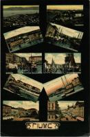 1907 Fiume, Rijeka; Mozaiklap, kikötő, üzletek. Mehner &amp; Maas / multi-view postcard, port, shops (EB)