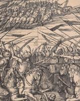 1934 Törökök és magyarok harca, papír, rézmetszet, foltos, gyűrődésekkel, hajtásnyomokkal, 22x14 cm,...