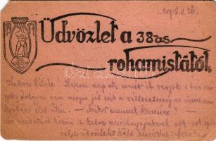 1918 'Üdvözlet a 38-as rohamistától' Első világháborús tábori levelezőlap, 38. rohamzászló...