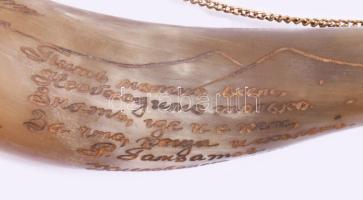 Szaru díszkürt, fém szerelékkel, felirattal, h: 35 cm