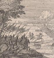 1934 Törökök és magyarok harcát ábrázoló csatajelenet, várostrom, papír, rézmetszet, hajtásnyommal, ...