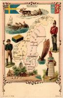 Schweden u. Norwegen / Sweden and Norway. Art Nouveau, floral litho map with Swedish flag, reindeer ...