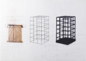 Bernhard Bernd Klötzer (1941-2025): Mágneses ketrec (Magnetkäfig). Vegyes technika (sokszorosított grafika), applikáció, papír, jelzett, számozott (46/160). 41,5x59 cm