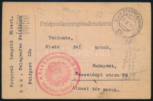 1916 Elbert Lipót tizedes által küldött tábori posta levelezőlap "K. u. k. 5. Armeekommando (Q. Abt.) Telegraphen-Felddepot" bélyegzéssel