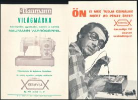 cca 1960-1970 Keravill Naumann Varrógép és "Ön is meg tudja csinálni! Mér ad pénzt érte?", Keravill villamosplakát méretű reklámnyomtatványok, 22x14 cm