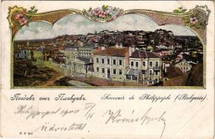 1900 Plovdiv, Philippople, Philippopolis; general view. Art Nouveau, floral frame (EB)